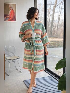 Kaftanese Gauze Robe - Aloe Serape Stripe One Size